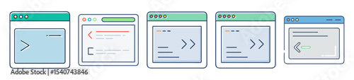 Various web application windows showcasing programming code and user interfaces in a row