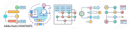 Diverse illustration of workflow diagrams with elements of time, tasks and scheduling