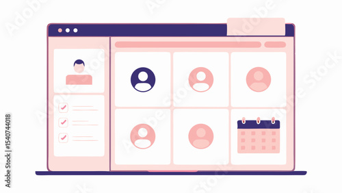 Illustration of a laptop screen displaying profiles and a calendar interface design view page