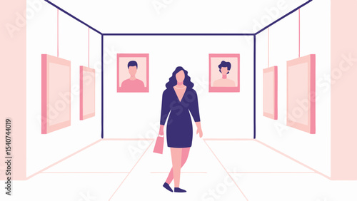 A woman in a blue dress walking through an art gallery with portraits and paintings on the light walls