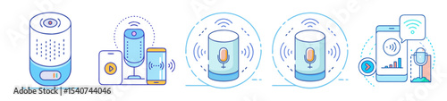 Set of smart speaker and phone illustrations showcasing connectivity and functionality