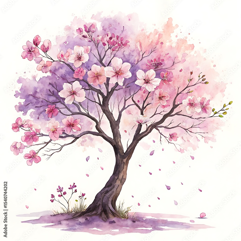 Watercolor painting of a blooming pink tree isolated on white background Watercolor painting of a blooming pink tree isolated on white background
