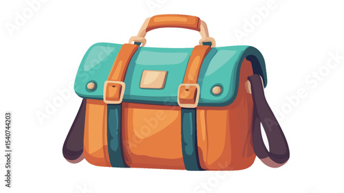 A digital illustration of a cartoon messenger bag. The bag is predominantly orange and teal, with brown straps and buckles.  It features a top handle and a long shoulder strap. 
