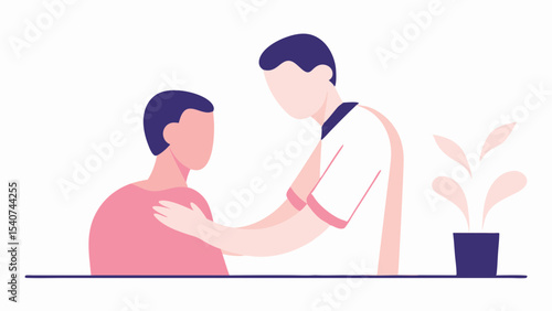 A doctor consoling a patient with a hand on their shoulder in a comforting and supportive gesture here