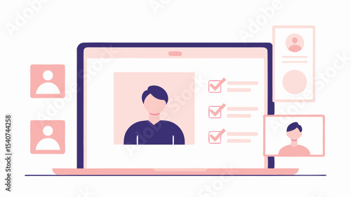 Laptop displaying a profile with checkmarks and additional profile icons and video call window