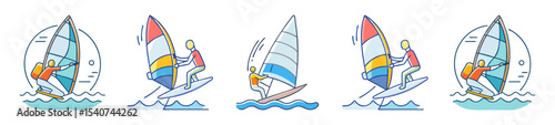 Stylized Vector Icons Illustrating Windsurfing Techniques and Water Sports Activities Set