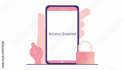 Hand holding a smartphone with access granted message and a padlock suggesting security access granted