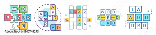 Collection of colorful word puzzle designs and brain teaser game examples
