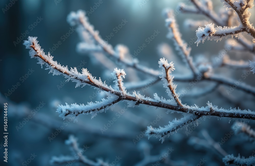 Winter scene shows frost on tree branches. Cold weather with ice crystals on tree twigs. Close-up detail of a tree branch in a snowy cold season. Focus on winter nature background. Winter scene shows frost on tree branches. Cold weather with ice crystals on tree twigs. Close-up detail of a tree branch in a snowy cold season. Focus on winter nature background.