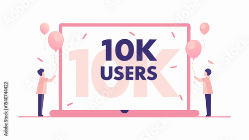 Illustration of laptop screen displaying 10k users with people holding balloons and confetti