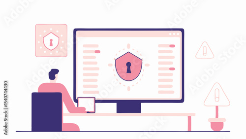 Illustration of a person sitting at a computer with a security shield on the screen and alert icons around it
