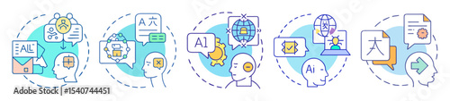 Five stages of machine learning and artificial intelligence conceptual illustrations