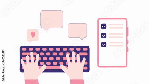 Illustration of hands typing on a keyboard with speech bubbles and a checklist on the right side