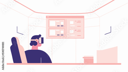 Person in vr headset sitting in chair in a room with a screen displaying content and desk in front of them