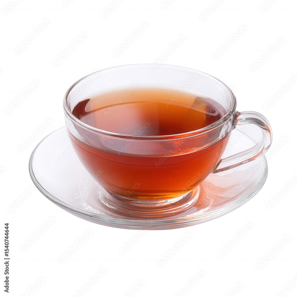 A transparent glass cup filled with aromatic black tea, resting on a matching saucer, against a crisp white background. A transparent glass cup filled with aromatic black tea, resting on a matching saucer, against a crisp white background.