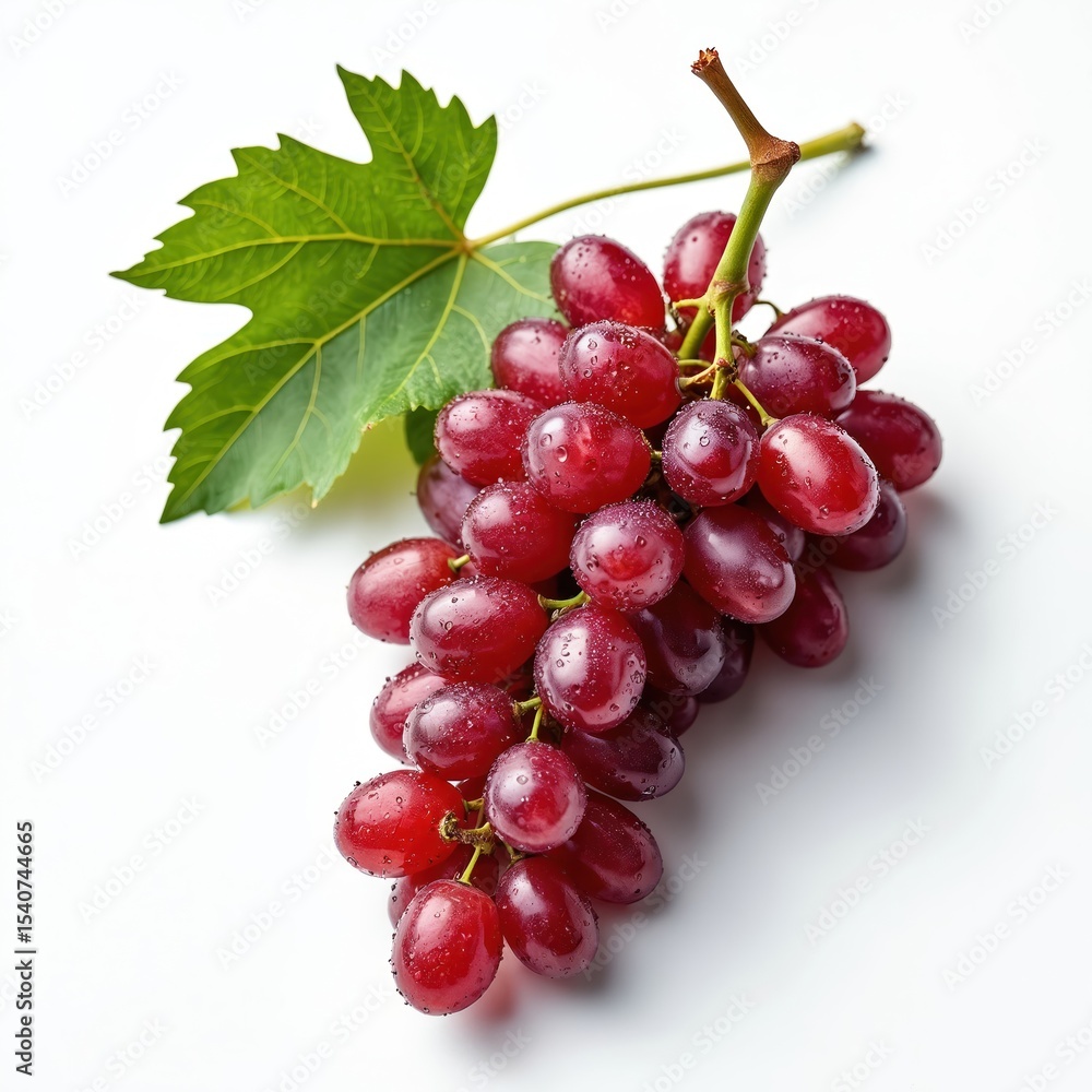 Fototapeta premium Fresh red grapes bunch isolated white background. Juicy, ripe berries, green leaf on vine branch. Healthy organic food, dessert. Perfect for wine production, vegetarian, diet. Summer harvest.
