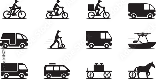 Diverse Transportation Methods Icons, a collection of black silhouette icons representing various forms of transportation vector art on white