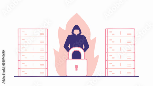 Hacker with hoodie behind a padlock between two servers with fire in the background illustration