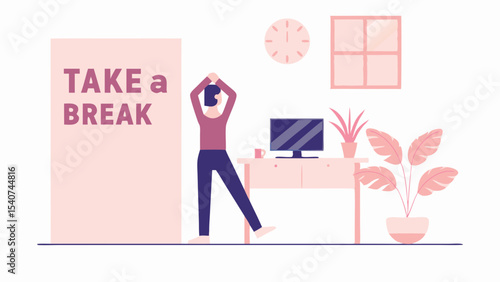 Illustration of a person stretching in an office with a take a break sign and desk with computer