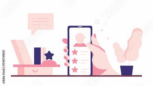 Hand holding smartphone displaying user profile with star ratings and a plant on the right side view