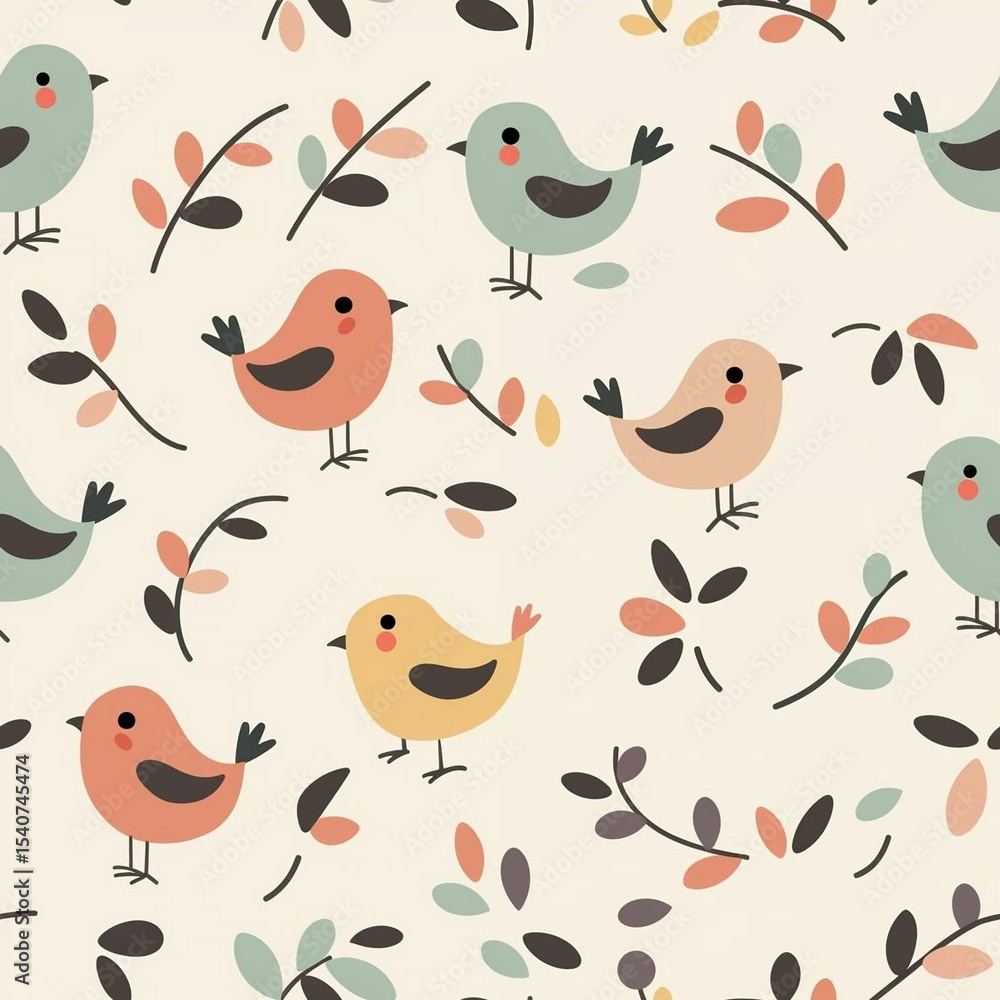 Fototapeta premium Adorable Birds and Branches Seamless Pattern Pastel Colors, Cute Illustration