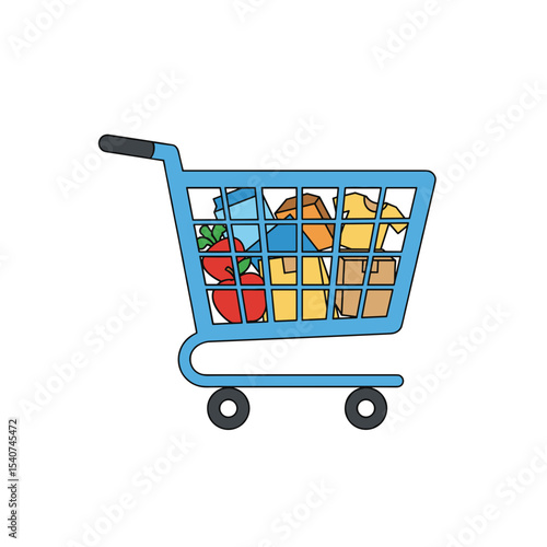 Shopping cart filled with groceries and products icon  