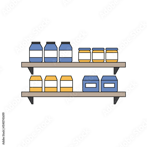 Product shelf icon with jars and containers in simple design  