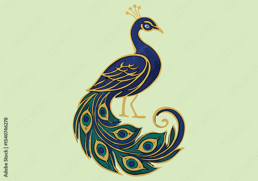 Fototapeta premium A luxurious peacock logo in side pose featuring gold, emerald green, and royal blue accents. Ideal for premium branding.