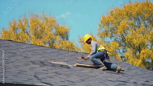 Roofer in a hard hat and safety harness working on a residential roof, using tools to repair or install shingles under a blue sky with trees