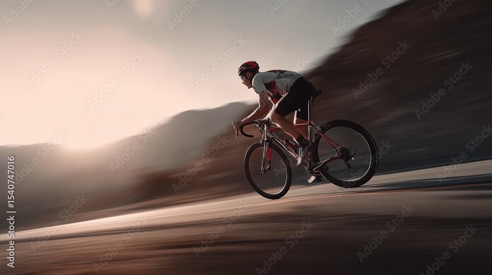 Fototapeta premium Racing cyclist pedaling road bike, blurred motion silhouetted against sunset sky