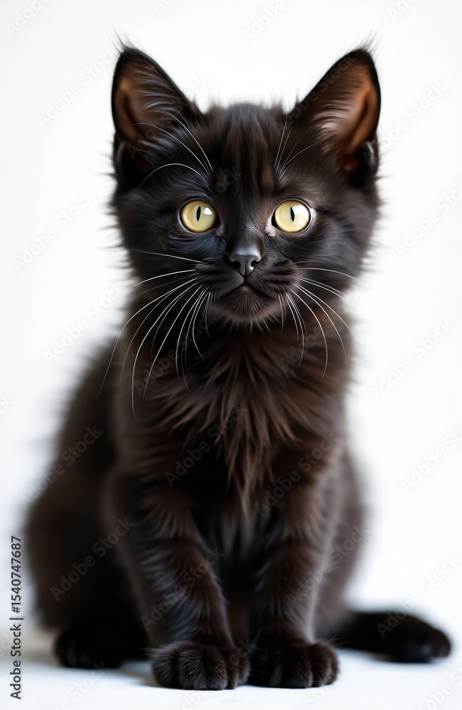Black kitten sits against white background. Adorable baby cat, fluffy fur, large yellow eyes, long whiskers, studio portrait. Cute pet, young domestic animal. Ideal for pet food, veterinary clinic, Black kitten sits against white background. Adorable baby cat, fluffy fur, large yellow eyes, long whiskers, studio portrait. Cute pet, young domestic animal. Ideal for pet food, veterinary clinic,