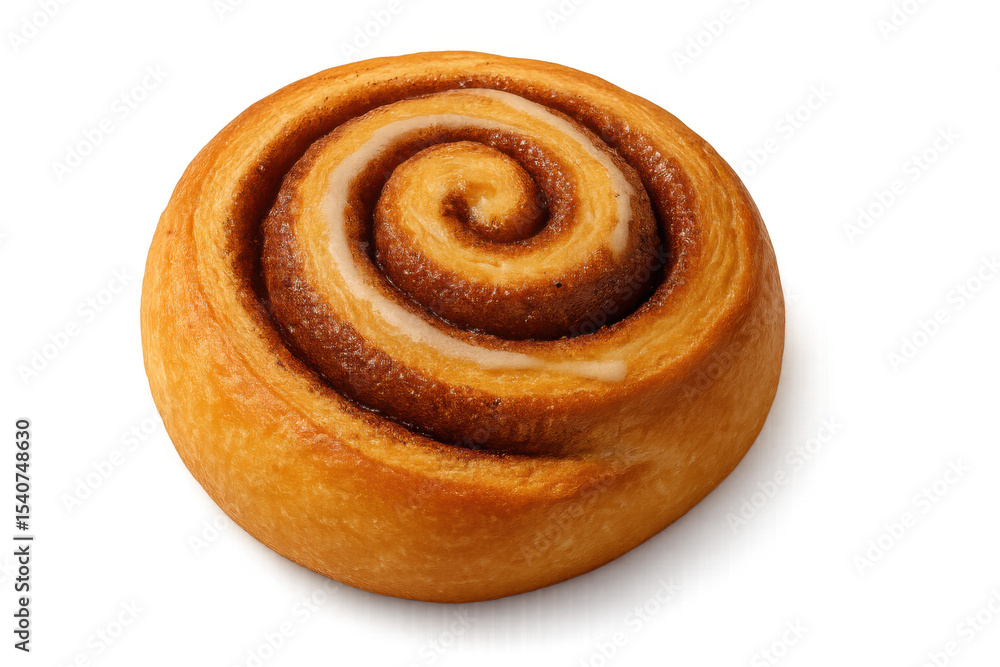 Warm cinnamon roll drizzled with creamy white glaze, spiraling layers glistening against transparent backdrop Warm cinnamon roll drizzled with creamy white glaze, spiraling layers glistening against transparent backdrop