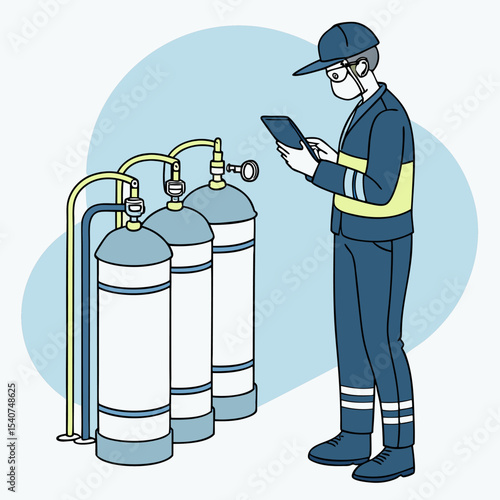Isometric cartoon of engineer performing safety inspection on gas cylinder setup with checklist at industrial site.