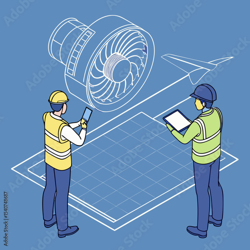 Virtual reality-assisted engineers inspecting a jet engine’s digital twin for predictive maintenance in an industrial environment.