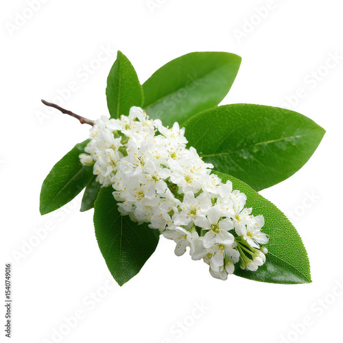 Beautiful cluster of white flowers with green leaves on a branch, isolated on a white background, perfect for floral designs and nature themes.