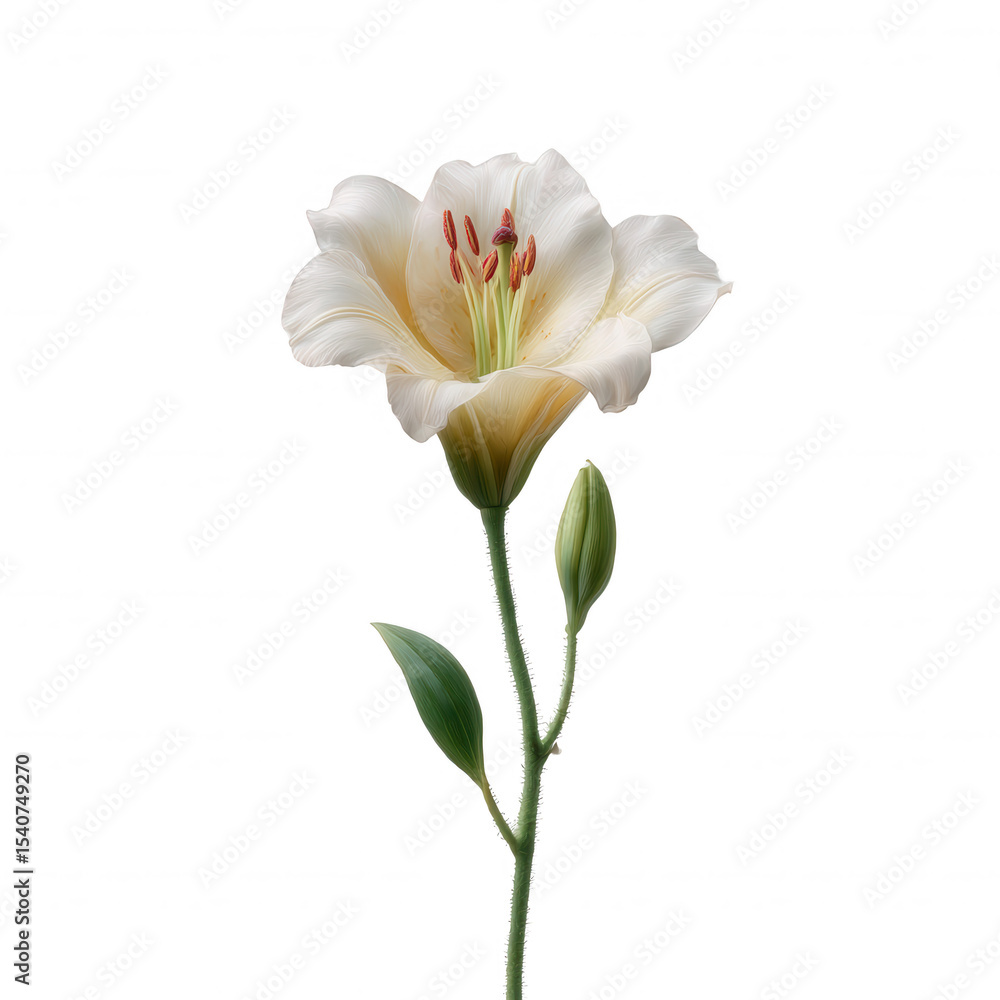 Fototapeta premium Beautiful white flower with delicate petals and green leaves, perfect for floral arrangements and nature-themed designs, isolated on a clean background.