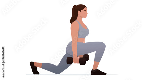 Vector illustration of a woman performing dumbbell lunges. The illustration is clean and simple, showing a side profile view of a woman with brown hair, wearing a grey sports bra and leggings,