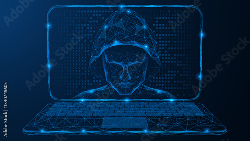 A hacker looking out of a laptop screen. Polygonal design of interconnected lines and dots. Blue background.