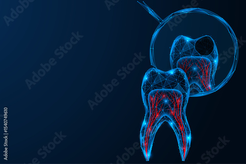 The reflection of tooth caries in the dental mirror. Polygonal design of interconnected elements. Blue background.