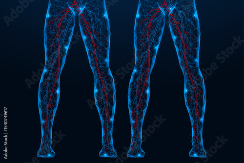 Varicose veins. The health and painful condition of the blood vessels of the legs. Polygonal design of lines and dots. Blue background.