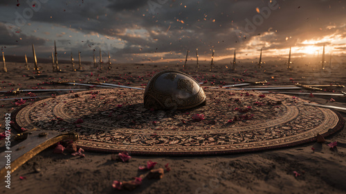 Karbala Inspired Symbolic Battlefield Scene Powerful Visual Narrative Historical Event Depiction Emotional Impactful Artwork Commemorative Art Piece Evocative Imagery of Sacrifice and Bravery
