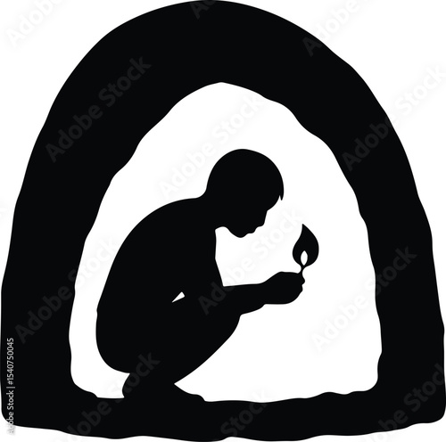 Silhouette Caveman in cave with torch vector illustration