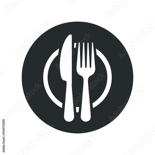 Simple black and white illustration of a knife and fork on a plate