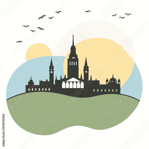 Silhouette of salamanca cathedral and university at sunset