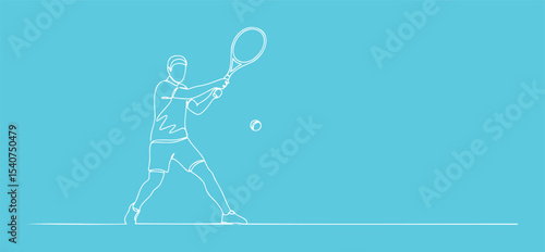 Tennis player preparing to hit the ball in motion depicted in minimalist line art style 