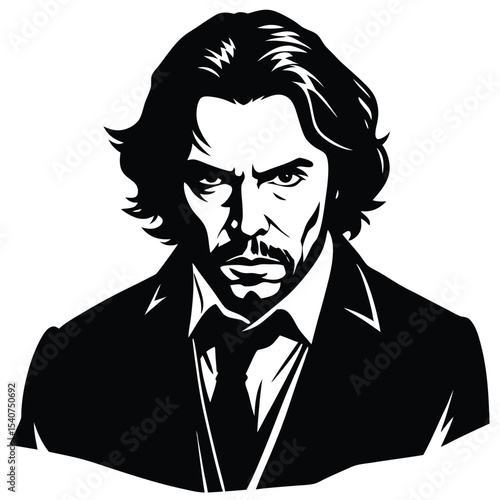 Serious man portrait black and white illustration