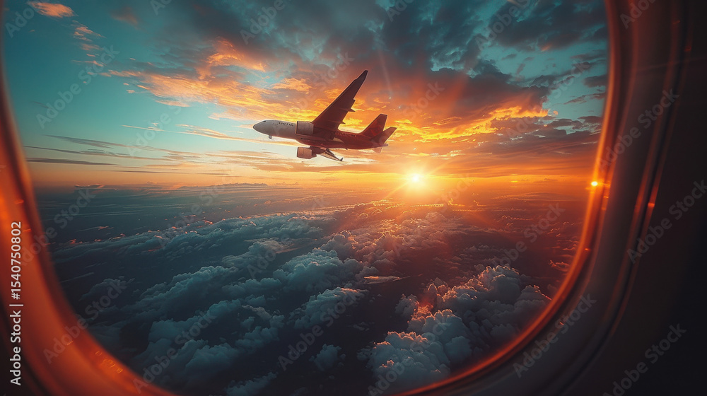 Through an airplane window, a majestic eagle soars above clouds at foggy sunset. Wings and engines glow sky blue and deep orange, with soft illumination and dark green hues outside. Through an airplane window, a majestic eagle soars above clouds at foggy sunset. Wings and engines glow sky blue and deep orange, with soft illumination and dark green hues outside.