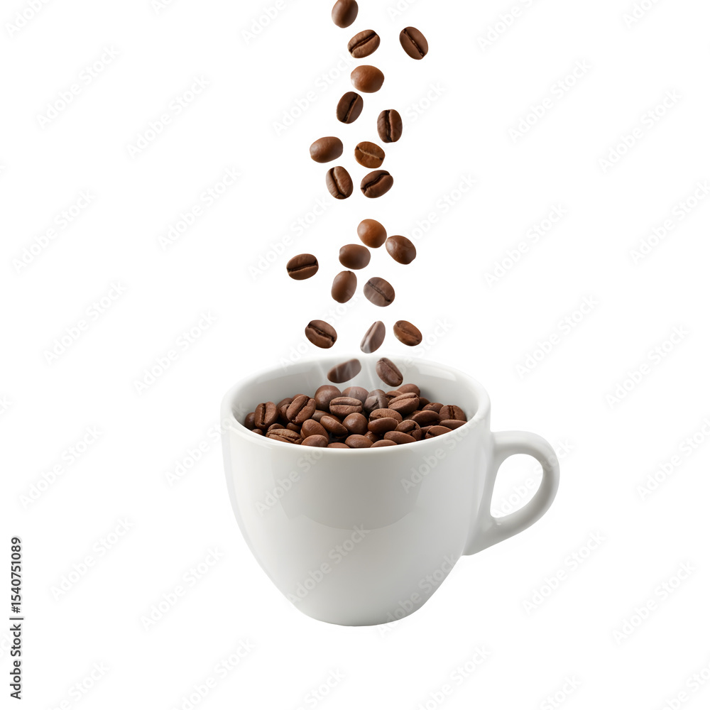 Obraz premium Roasted Coffee Beans Falling into White Mug Caffeine Aroma Beverage