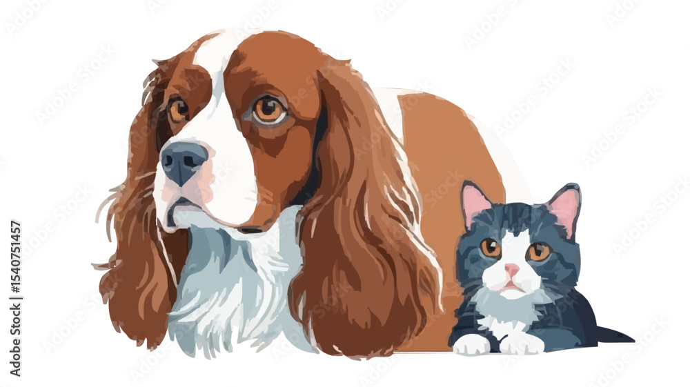 Obraz premium Portrait of a dog Russian Spaniel and cat Scottish Straight isolated on white background 