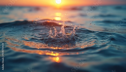 Sunset ocean splash water droplet ripple background. Golden sun reflects in water, creating a vibrant scene. Abstract liquid texture, calm waves, serenity, peace. Summer evening dusk. Natural beauty.